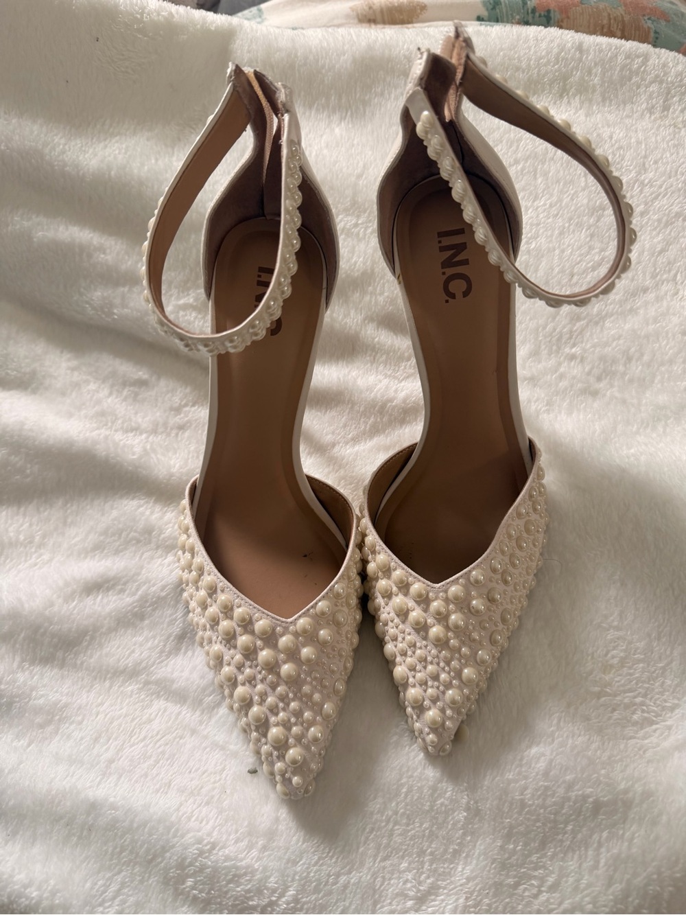 INC International Concepts Ivory Pearl Embellished Pointed Toe Heels